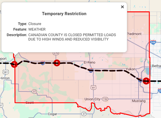 OK Closed in Some Areas to Permitted Loads